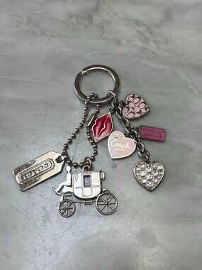 Vintage COACH Key Chain with pink and pave hearts and classic COACH carriage